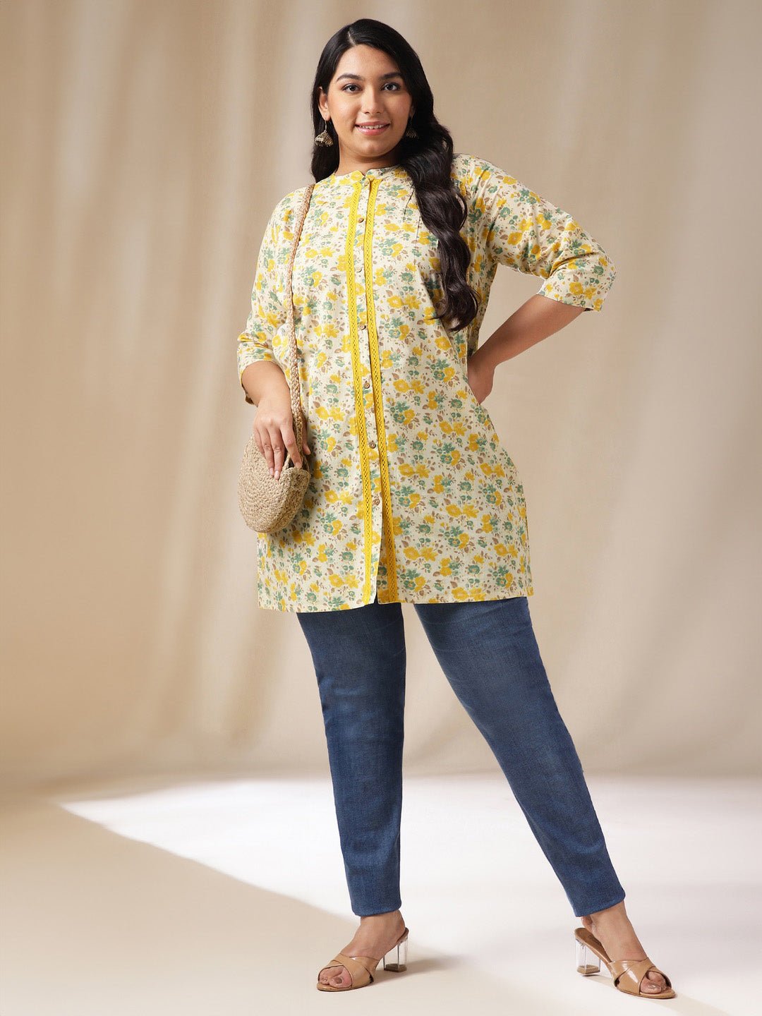 Janasya A-Line Cambric Off White Floral Band Collar Tunic | Swadesiicart