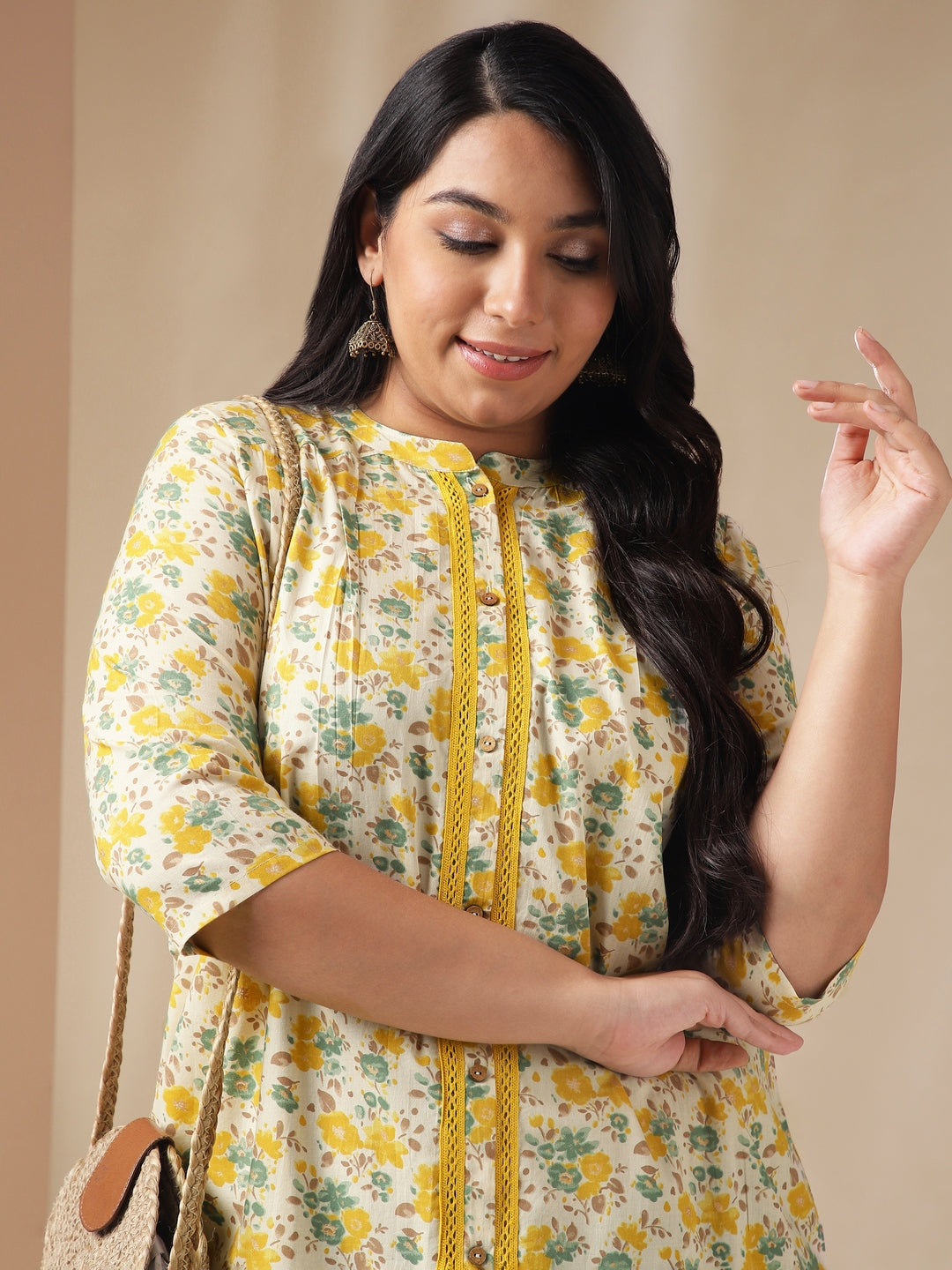 Janasya A-Line Cambric Off White Floral Band Collar Tunic | Swadesiicart