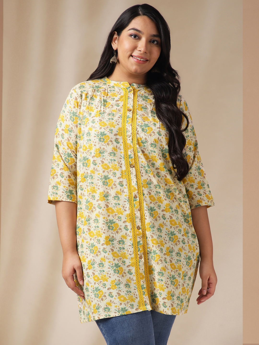 Janasya A-Line Cambric Off White Floral Band Collar Tunic | Swadesiicart