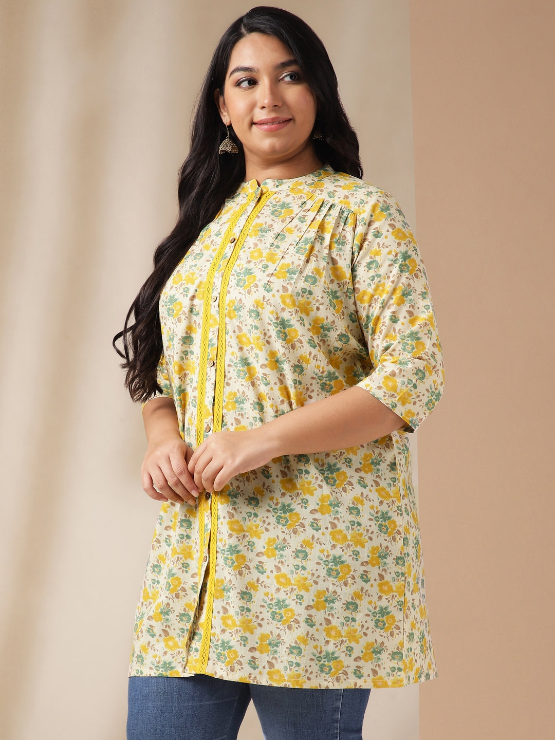 Janasya A-Line Cambric Off White Floral Band Collar Tunic | Swadesiicart