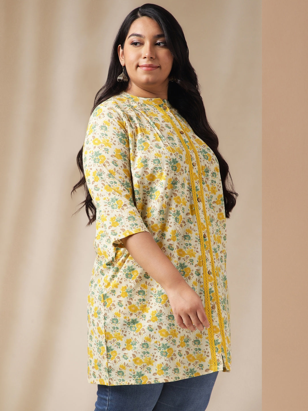 Janasya A-Line Cambric Off White Floral Band Collar Tunic | Swadesiicart