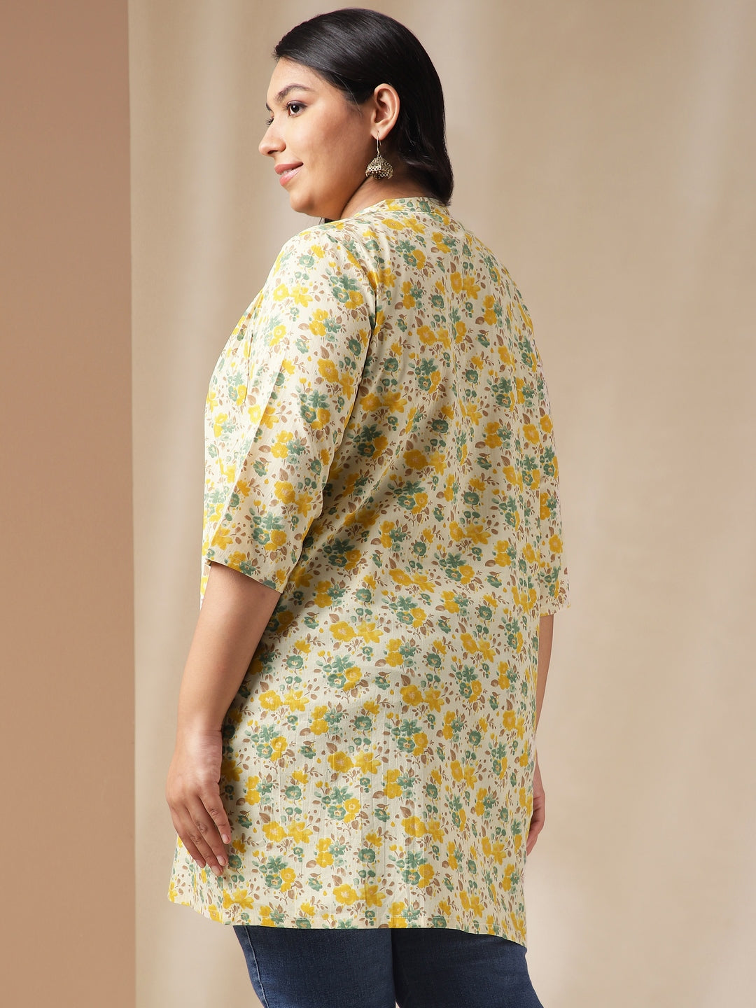 Janasya A-Line Cambric Off White Floral Band Collar Tunic | Swadesiicart