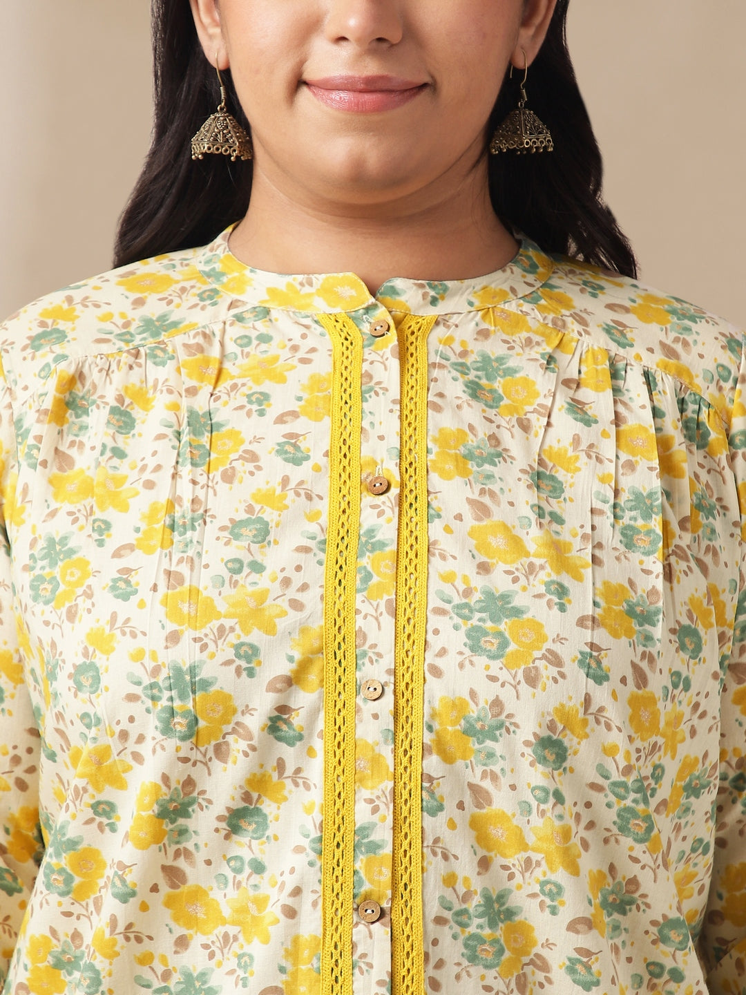Janasya A-Line Cambric Off White Floral Band Collar Tunic | Swadesiicart