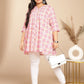Janasya Pleated Cambric Pink Ikkat Notch Neck Tunic | Swadesiicart