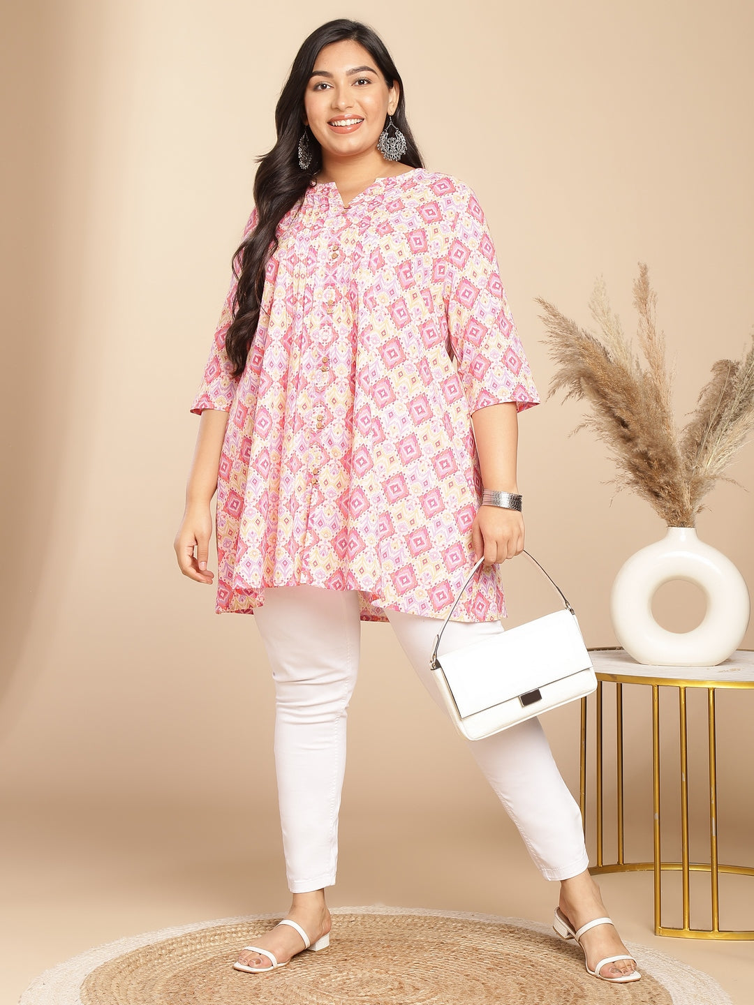 Janasya Pleated Cambric Pink Ikkat Notch Neck Tunic | Swadesiicart