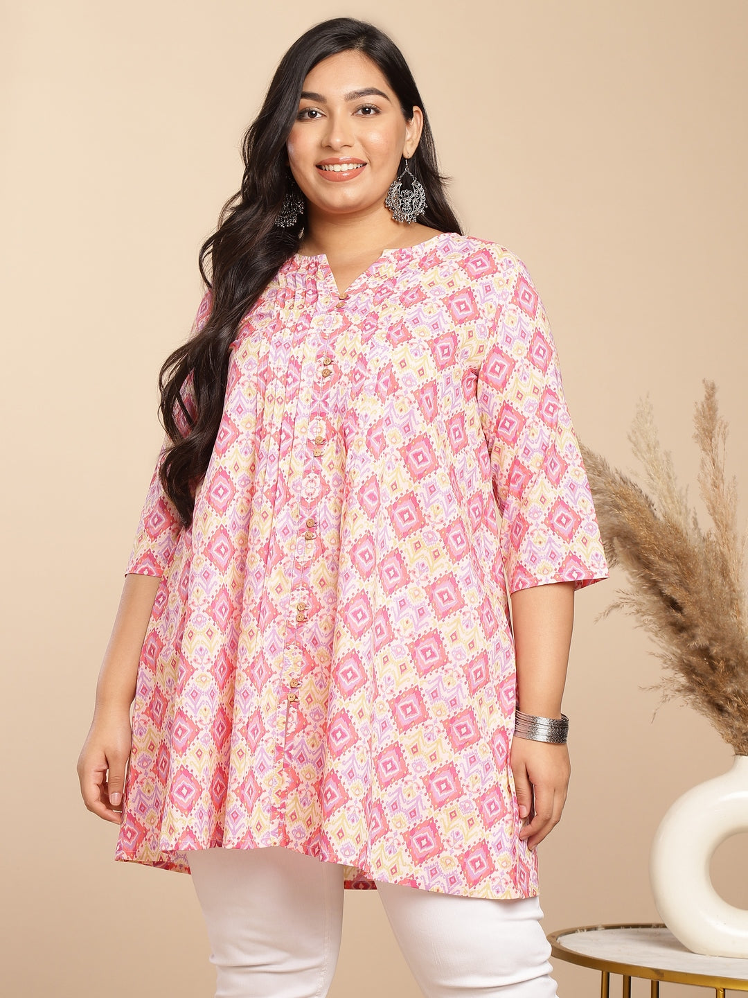 Janasya Pleated Cambric Pink Ikkat Notch Neck Tunic | Swadesiicart
