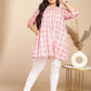 Janasya Pleated Cambric Pink Ikkat Notch Neck Tunic | Swadesiicart