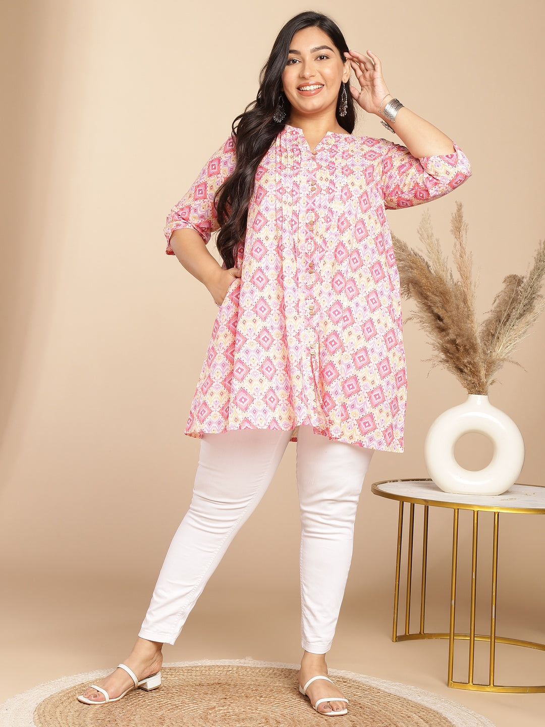 Janasya Pleated Cambric Pink Ikkat Notch Neck Tunic | Swadesiicart