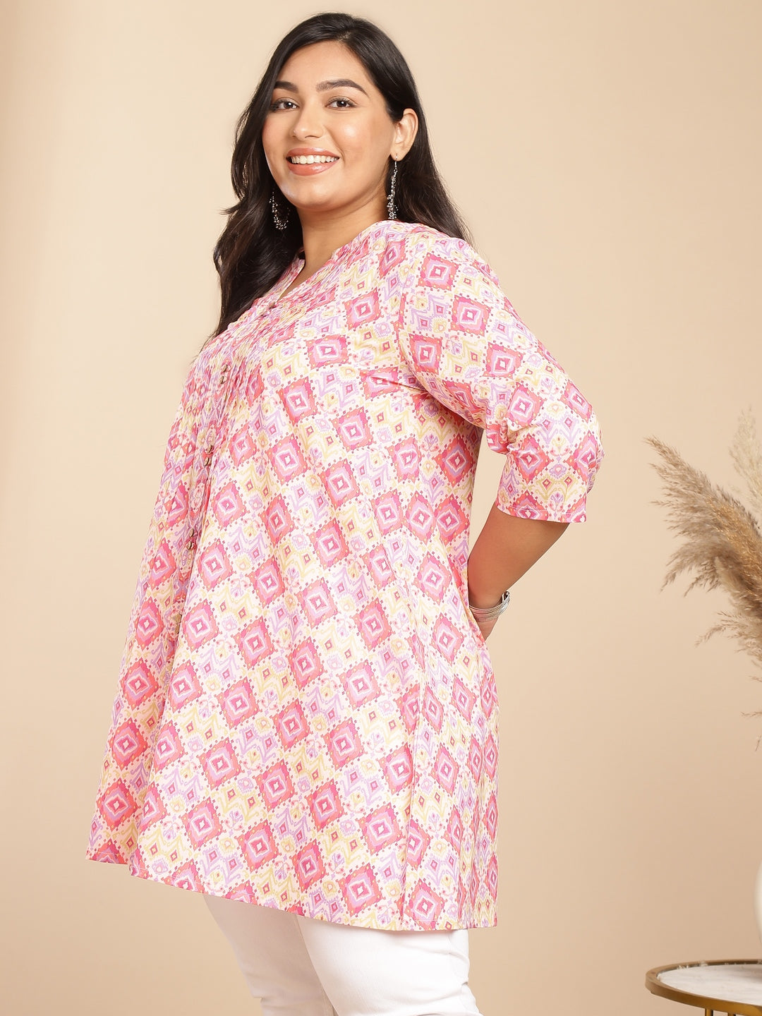 Janasya Pleated Cambric Pink Ikkat Notch Neck Tunic | Swadesiicart