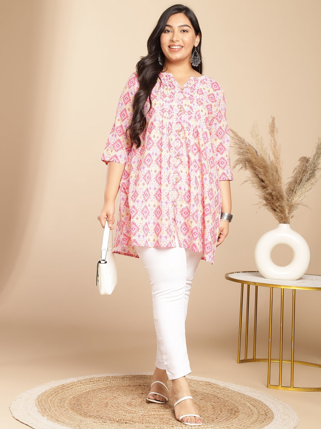 Janasya Pleated Cambric Pink Ikkat Notch Neck Tunic | Swadesiicart