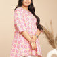 Janasya Pleated Cambric Pink Ikkat Notch Neck Tunic | Swadesiicart