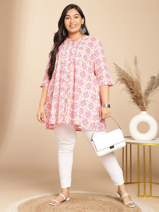 Janasya Pleated Cambric Pink Ikkat Notch Neck Tunic | Swadesiicart