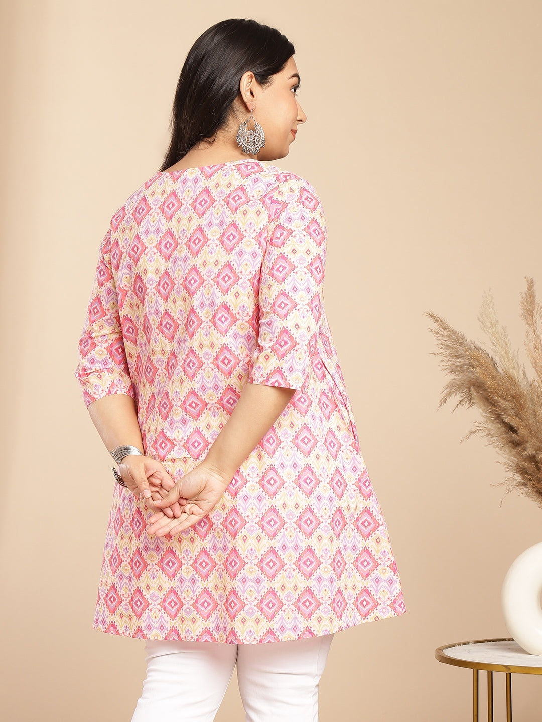 Janasya Pleated Cambric Pink Ikkat Notch Neck Tunic | Swadesiicart