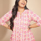 Janasya Pleated Cambric Pink Ikkat Notch Neck Tunic | Swadesiicart