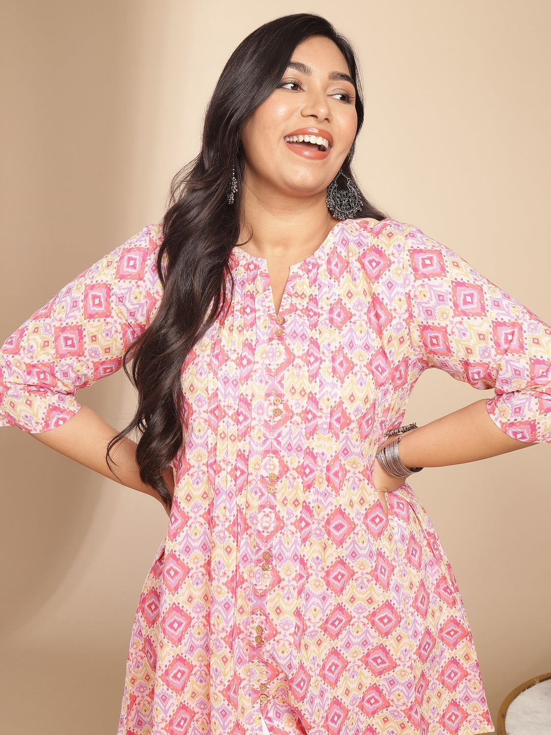 Janasya Pleated Cambric Pink Ikkat Notch Neck Tunic | Swadesiicart
