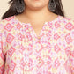 Janasya Pleated Cambric Pink Ikkat Notch Neck Tunic | Swadesiicart