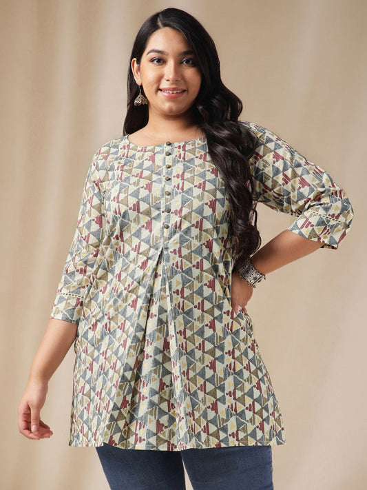 Janasya Regular Cambric Off White Gemometric Round Neck Tunic | Swadesiicart