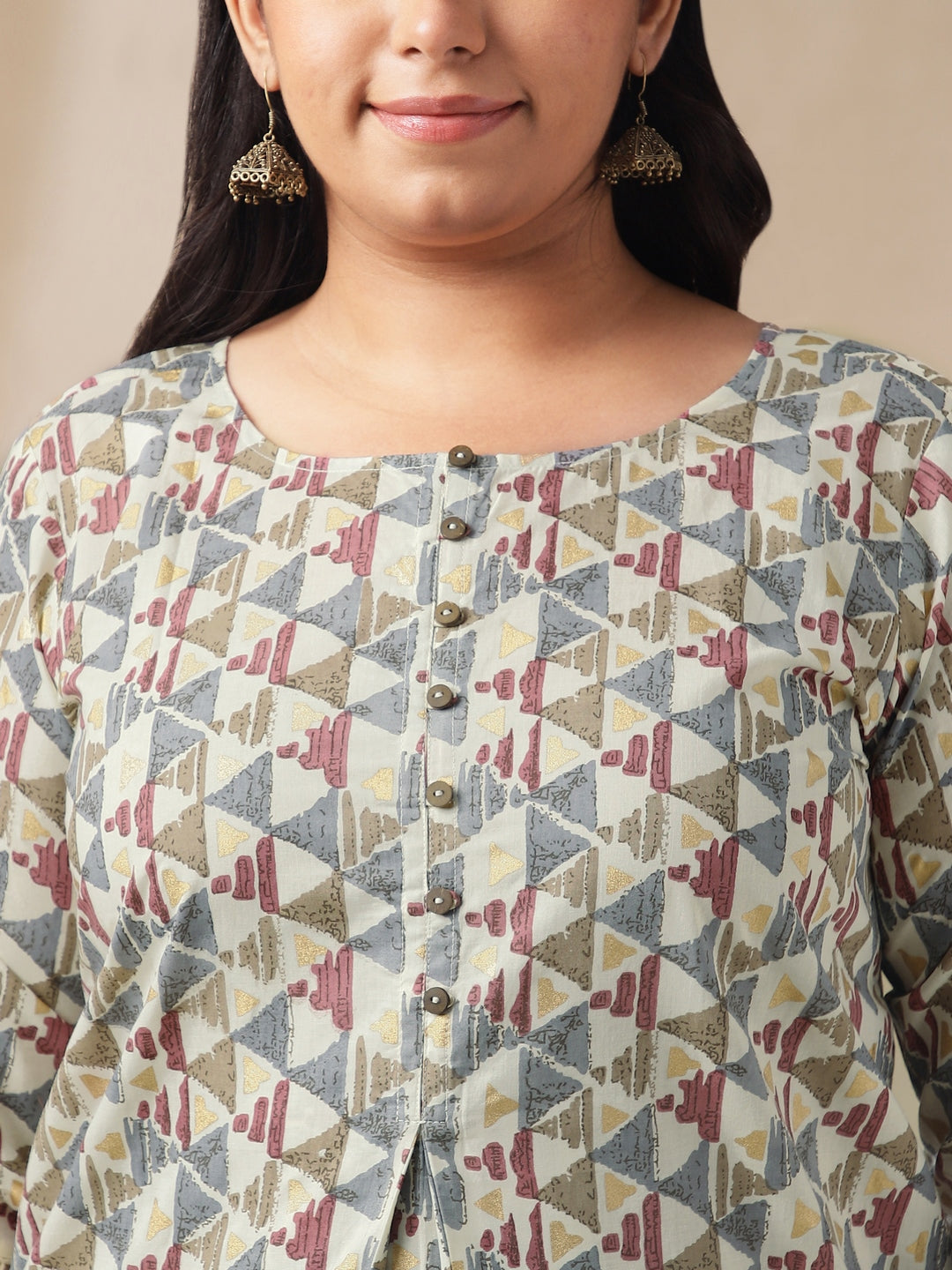 Janasya Regular Cambric Off White Gemometric Round Neck Tunic | Swadesiicart