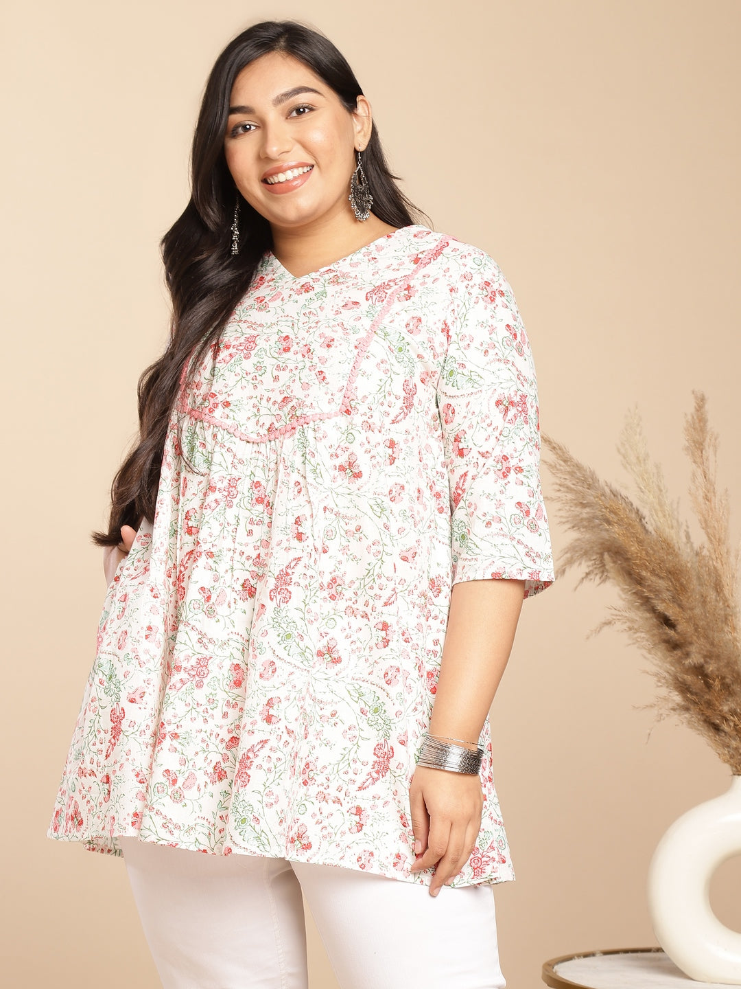 Janasya A-Line Cambric White Floral V-Neck Tunic | Swadesiicart