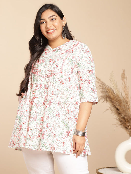 Janasya A-Line Cambric White Floral V-Neck Tunic | Swadesiicart