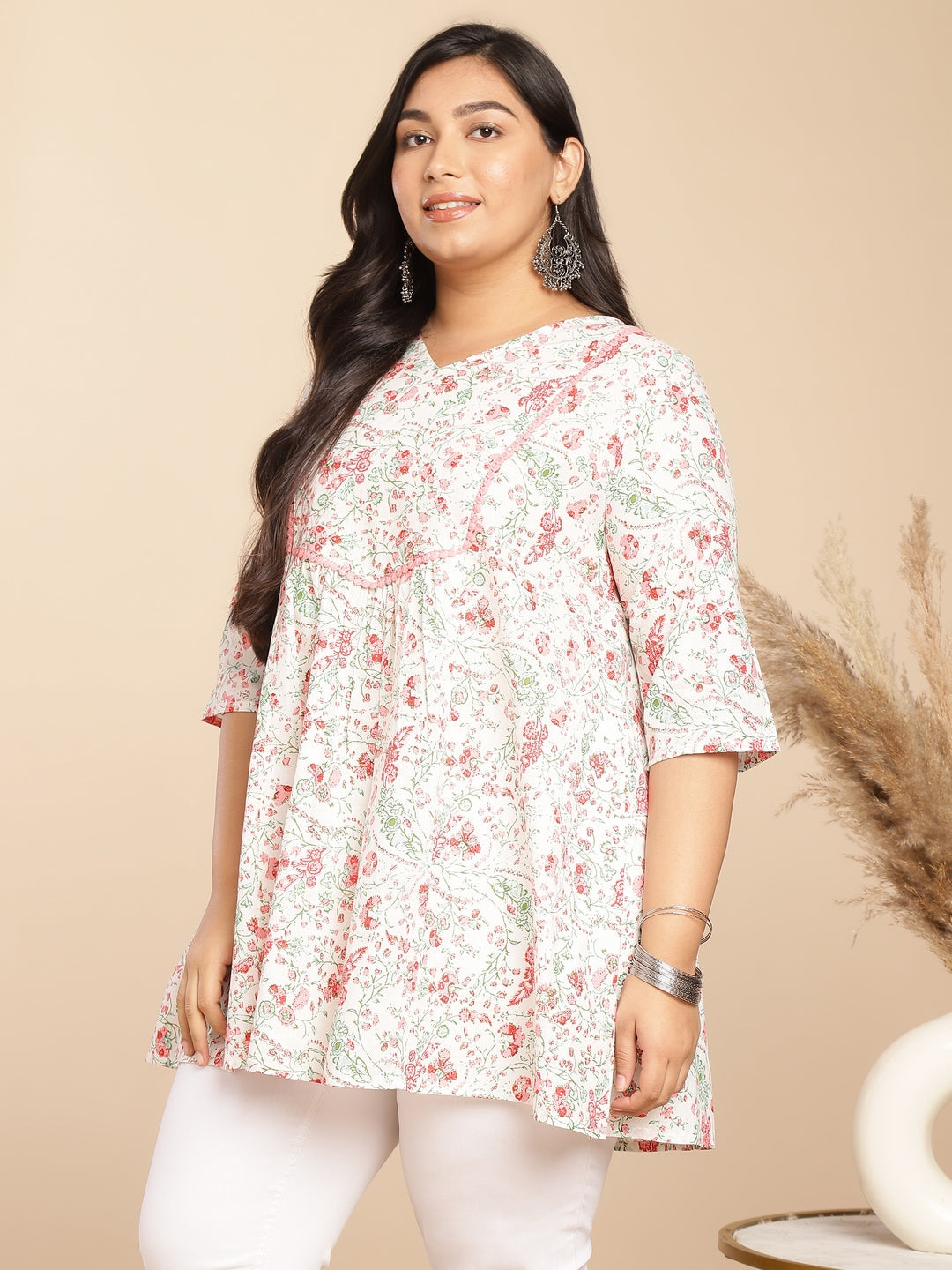 Janasya A-Line Cambric White Floral V-Neck Tunic | Swadesiicart