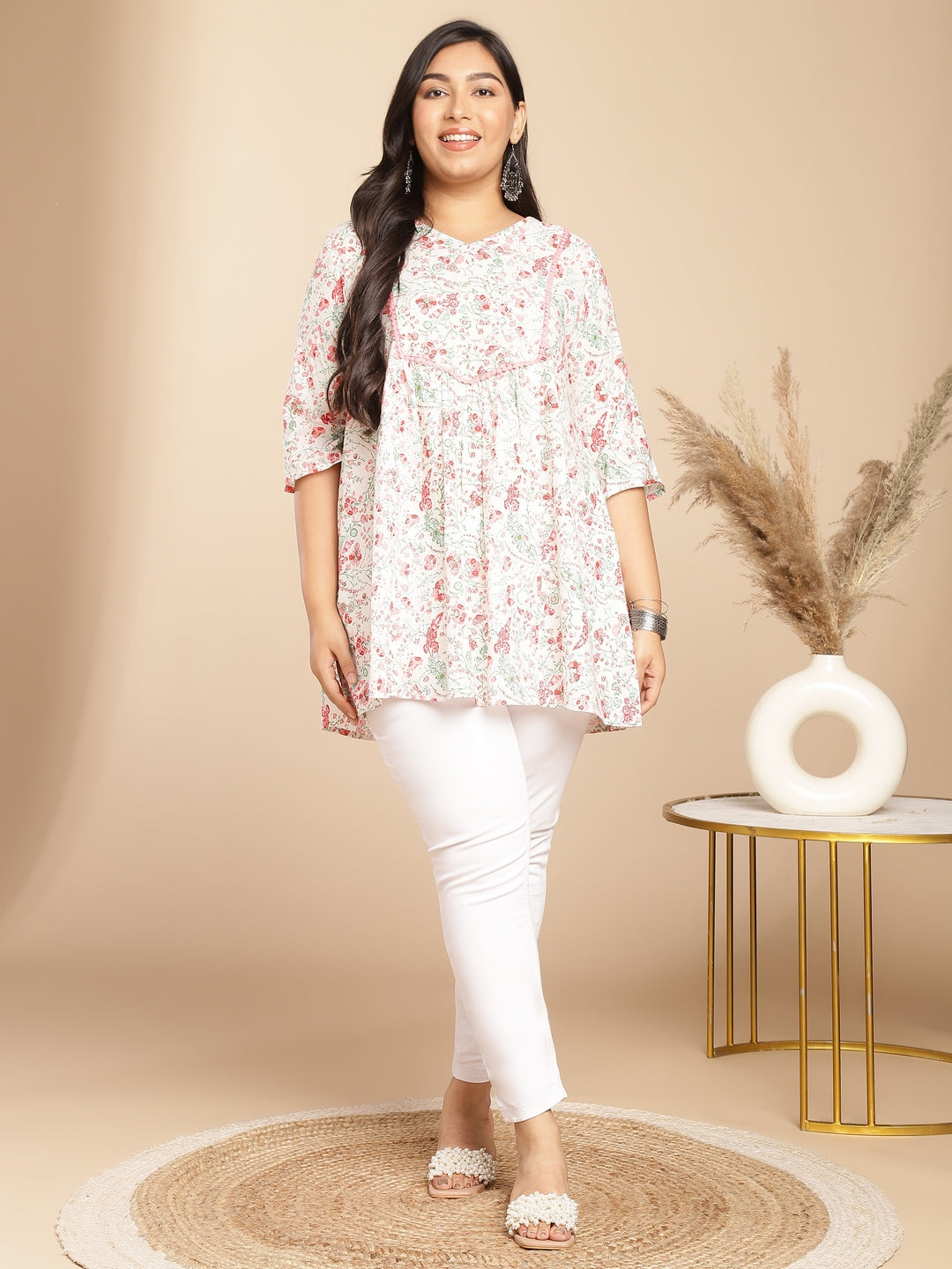 Janasya A-Line Cambric White Floral V-Neck Tunic | Swadesiicart