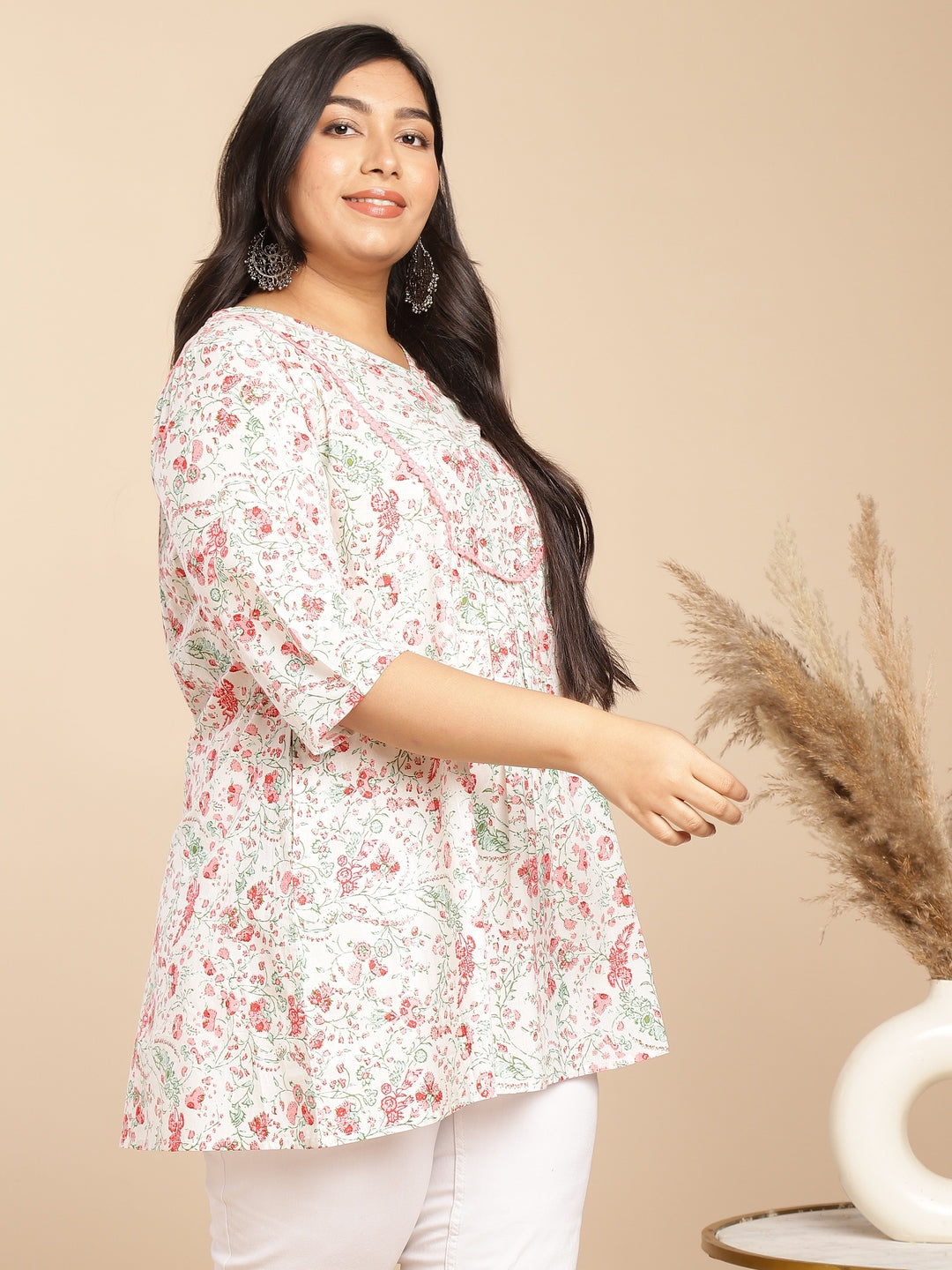 Janasya A-Line Cambric White Floral V-Neck Tunic | Swadesiicart