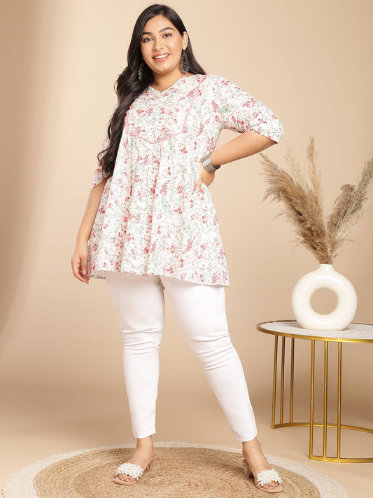 Janasya A-Line Cambric White Floral V-Neck Tunic | Swadesiicart