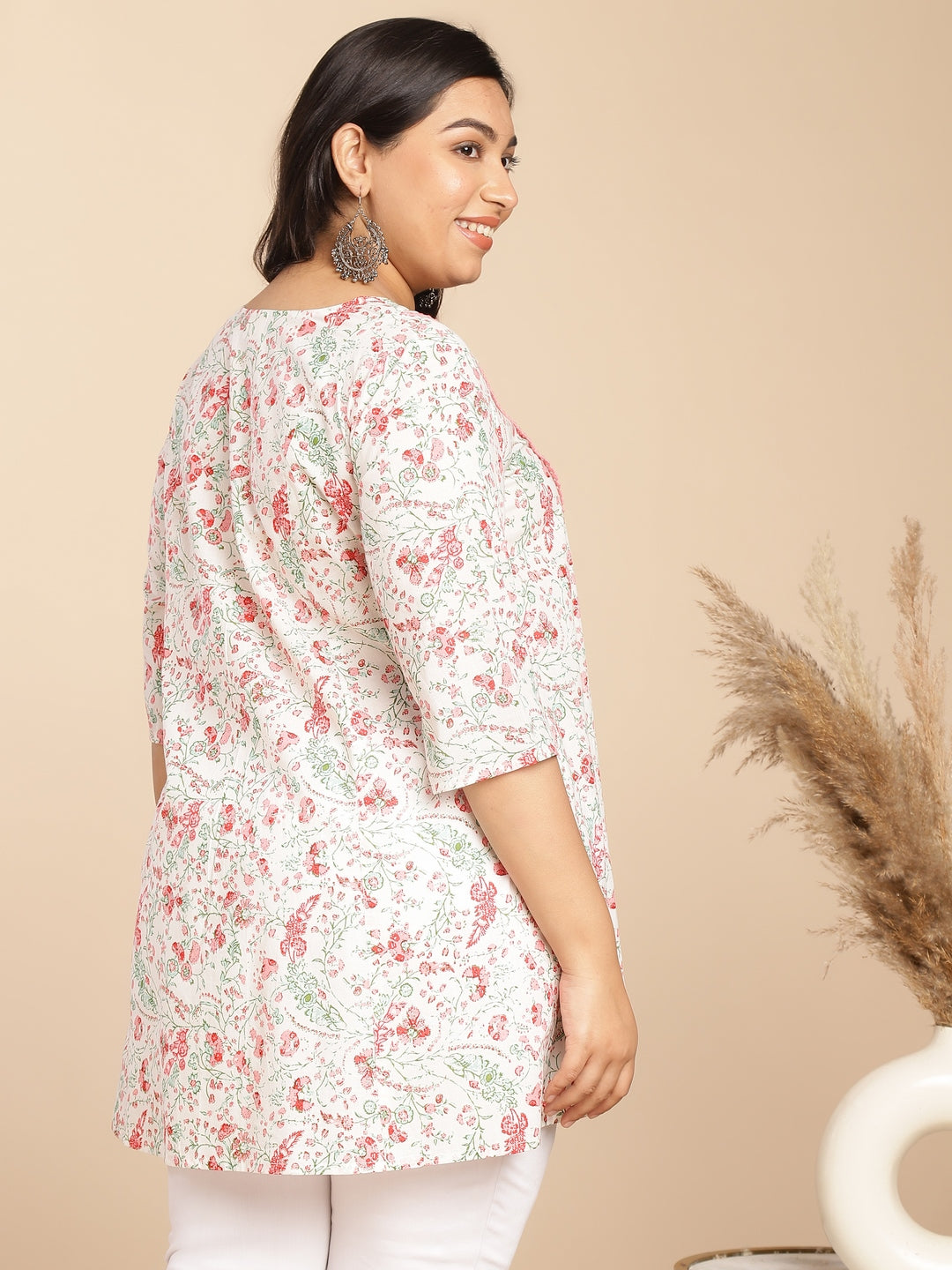 Janasya A-Line Cambric White Floral V-Neck Tunic | Swadesiicart