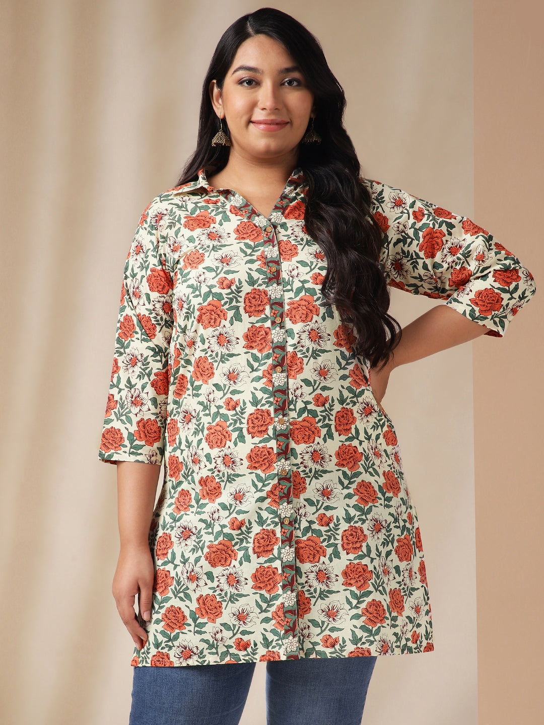 Janasya Regular Cambric Cream Floral Shirt Collar Tunic | Swadesiicart