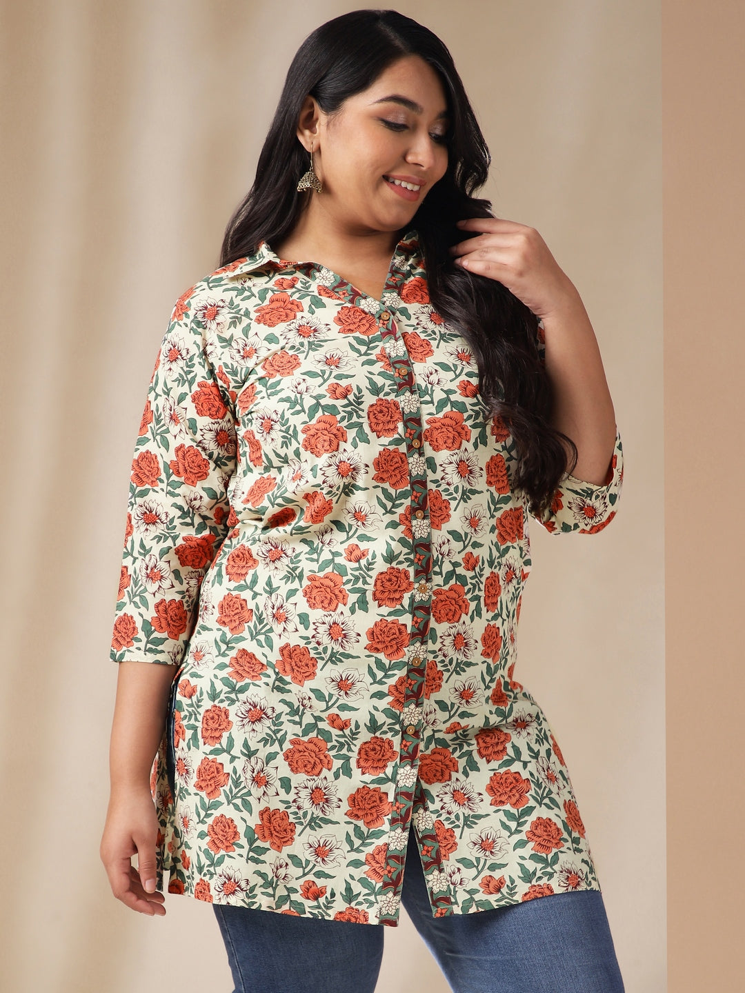 Janasya Regular Cambric Cream Floral Shirt Collar Tunic | Swadesiicart