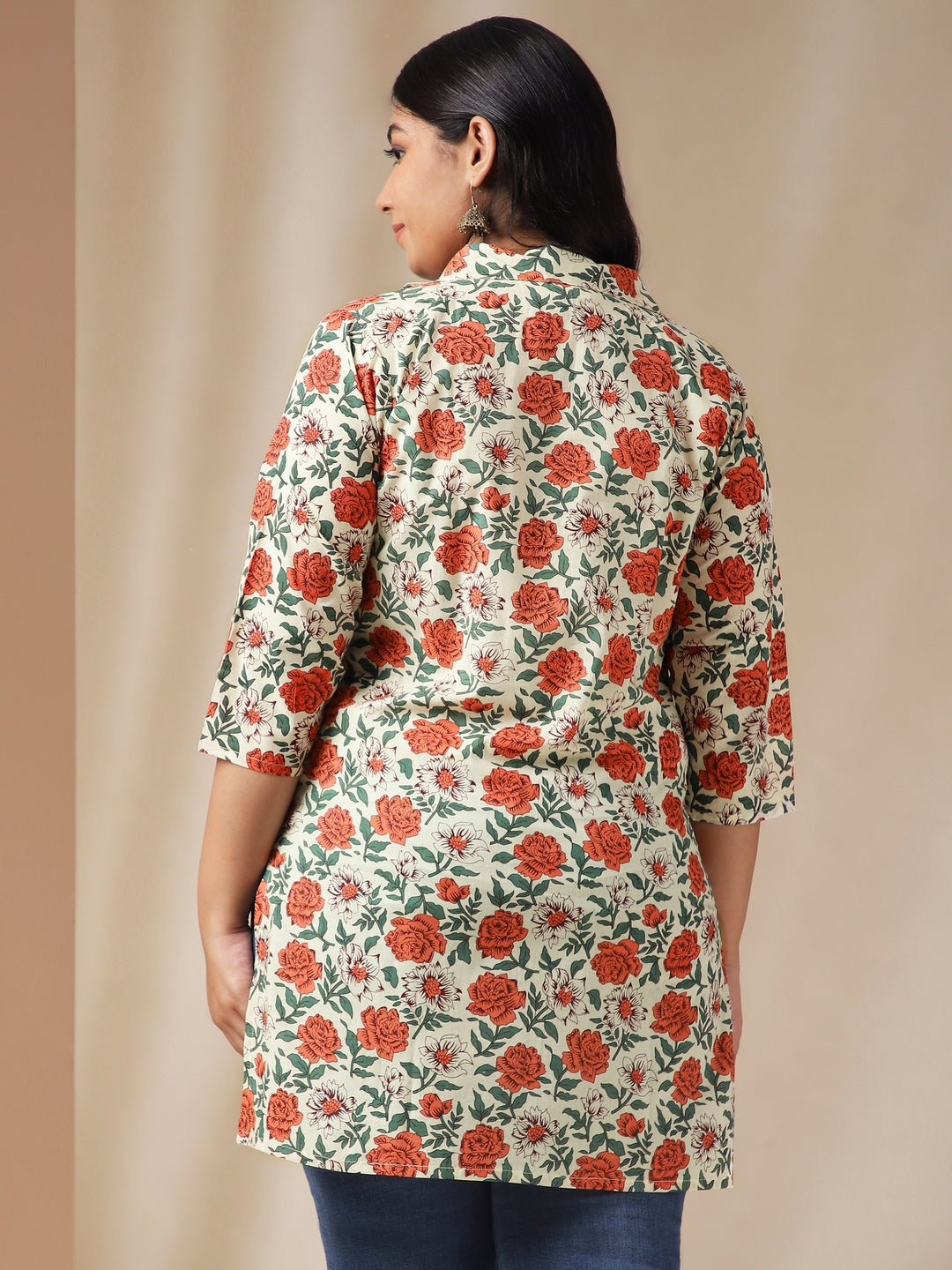 Janasya Regular Cambric Cream Floral Shirt Collar Tunic | Swadesiicart
