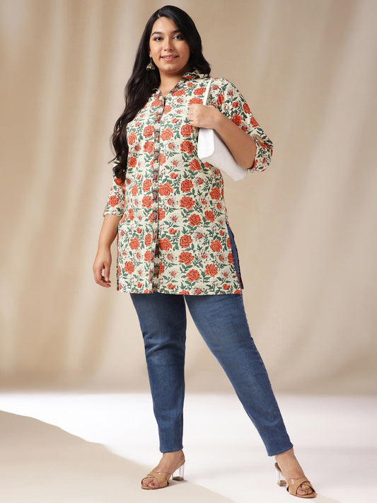 Janasya Regular Cambric Cream Floral Shirt Collar Tunic | Swadesiicart