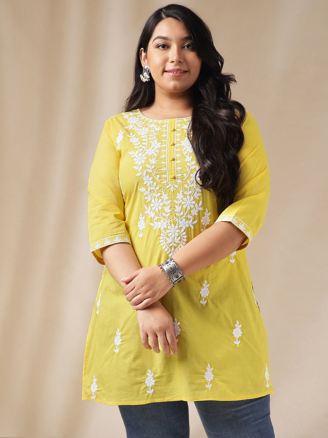 Janasya Regular N/A Yellow Embroidered Round Neck Tunic | Swadesiicart