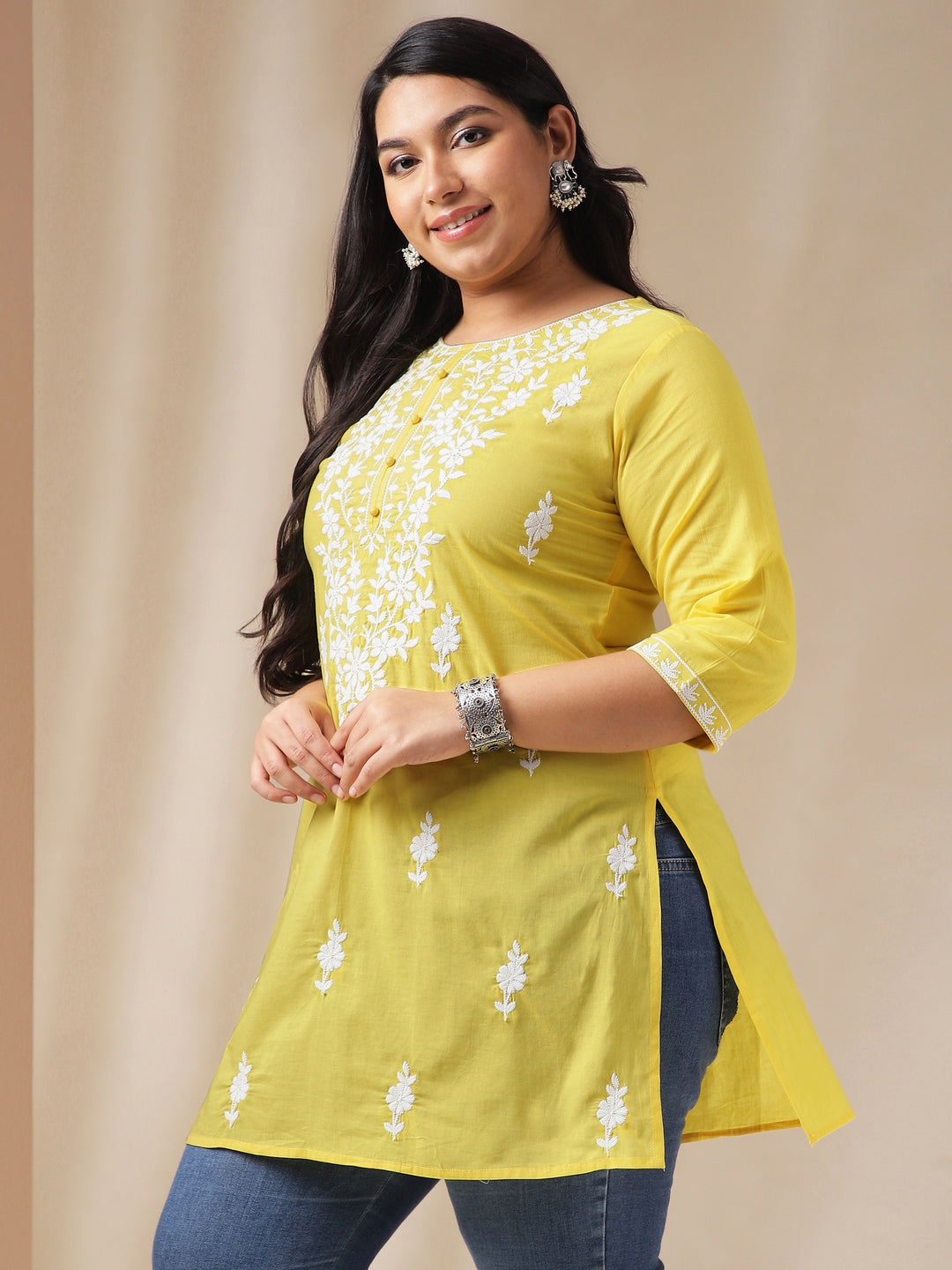 Janasya Regular N/A Yellow Embroidered Round Neck Tunic | Swadesiicart