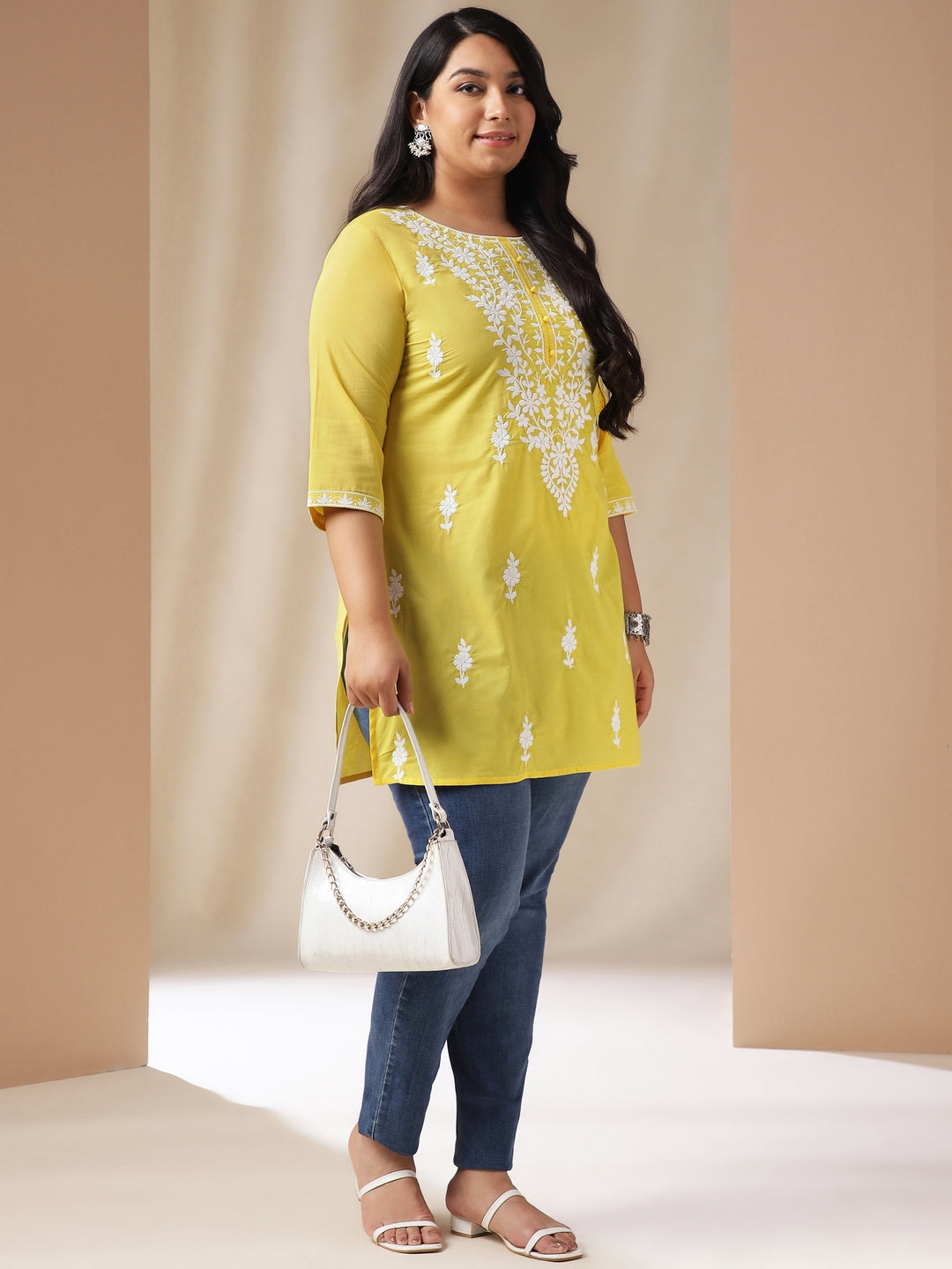 Janasya Regular N/A Yellow Embroidered Round Neck Tunic | Swadesiicart