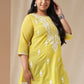 Janasya Regular N/A Yellow Embroidered Round Neck Tunic | Swadesiicart