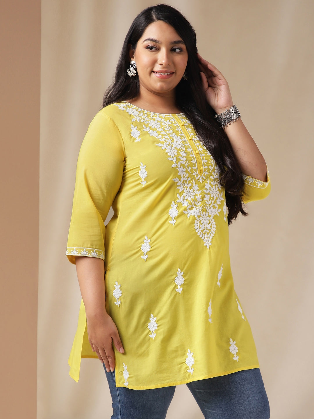 Janasya Regular N/A Yellow Embroidered Round Neck Tunic | Swadesiicart