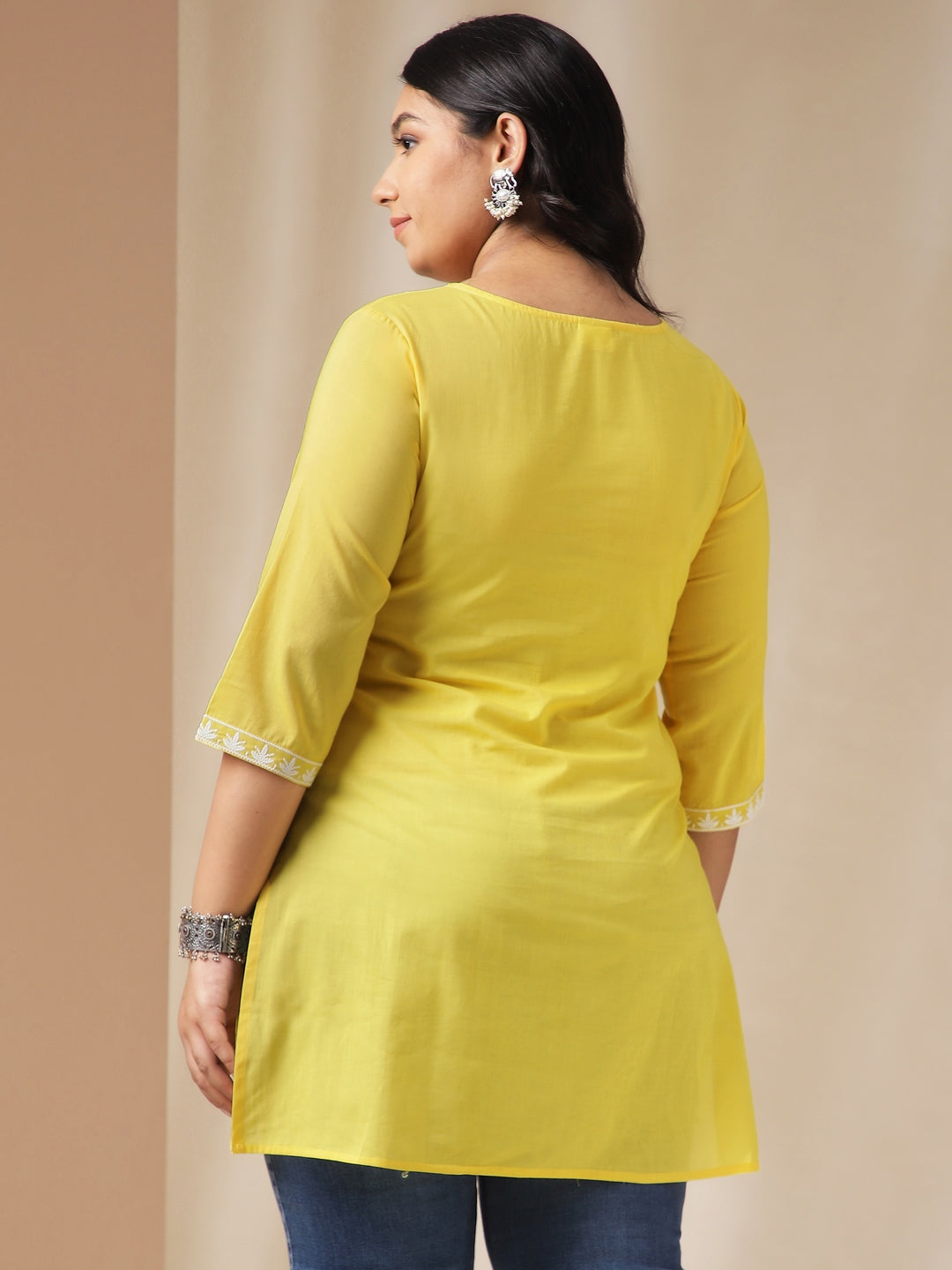 Janasya Regular N/A Yellow Embroidered Round Neck Tunic | Swadesiicart