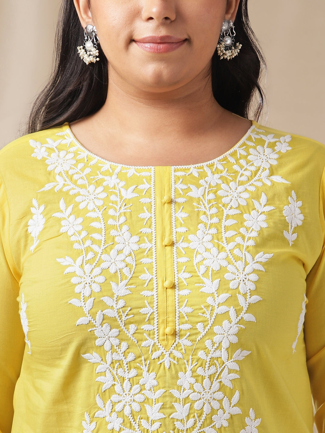 Janasya Regular N/A Yellow Embroidered Round Neck Tunic | Swadesiicart