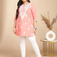 Janasya Regular Cambric Peach Embroidered Round Neck Tunic | Swadesiicart