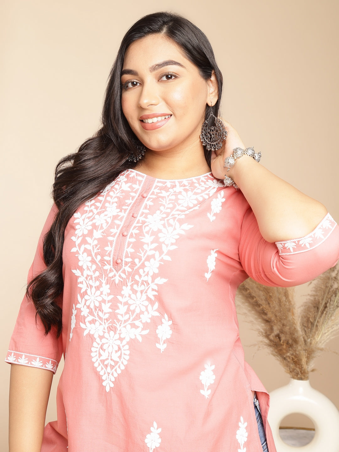 Janasya Regular Cambric Peach Embroidered Round Neck Tunic | Swadesiicart