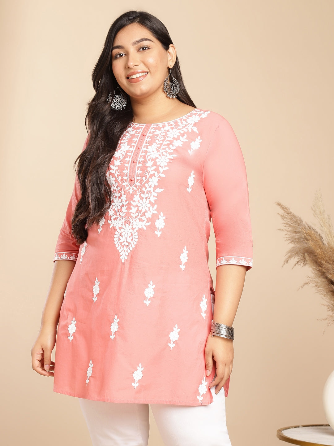Janasya Regular Cambric Peach Embroidered Round Neck Tunic | Swadesiicart
