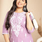 Janasya Straight Cambric Lavender Embroidered Round Neck Tunic | Swadesiicart