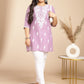Janasya Straight Cambric Lavender Embroidered Round Neck Tunic | Swadesiicart
