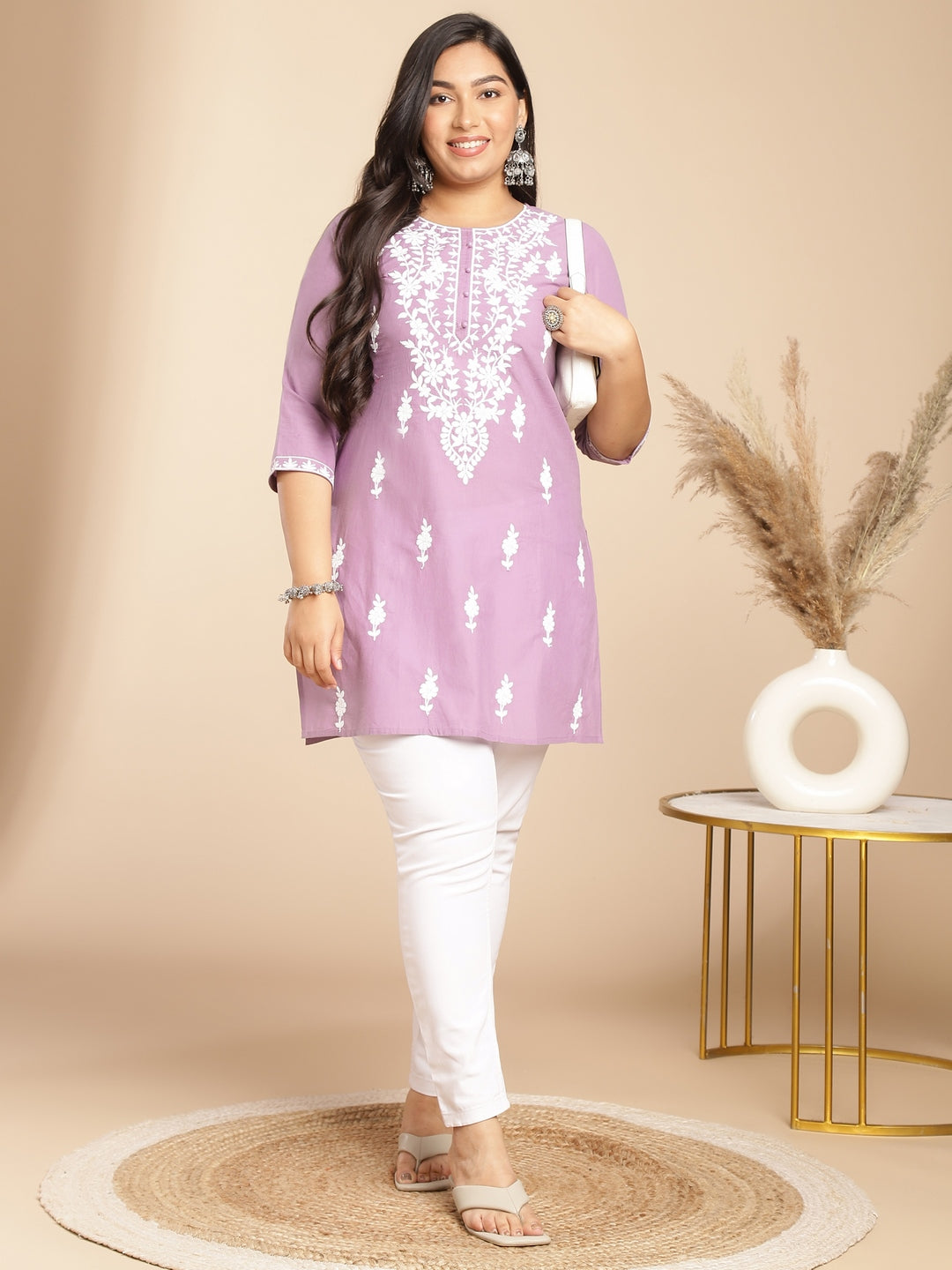 Janasya Straight Cambric Lavender Embroidered Round Neck Tunic | Swadesiicart