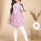 Janasya Straight Cambric Lavender Embroidered Round Neck Tunic | Swadesiicart