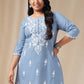 Janasya Regular Cambric Blue Embroidered Round Neck Tunic | Swadesiicart