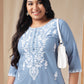 Janasya Regular Cambric Blue Embroidered Round Neck Tunic | Swadesiicart