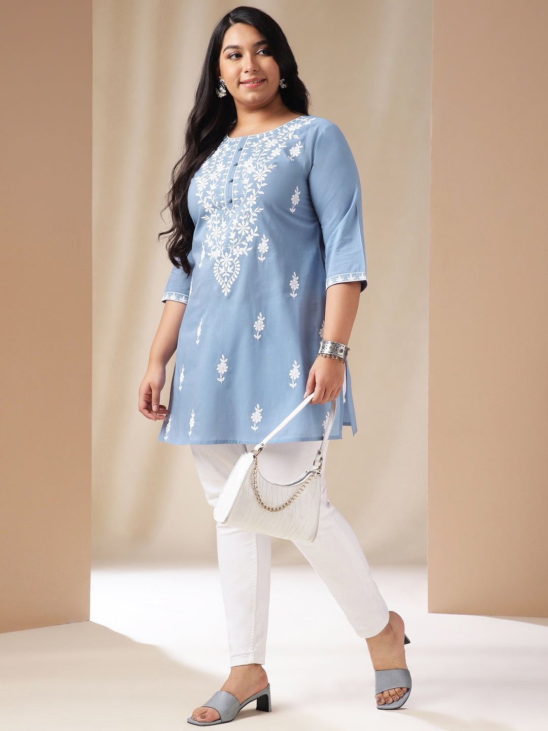 Janasya Regular Cambric Blue Embroidered Round Neck Tunic | Swadesiicart